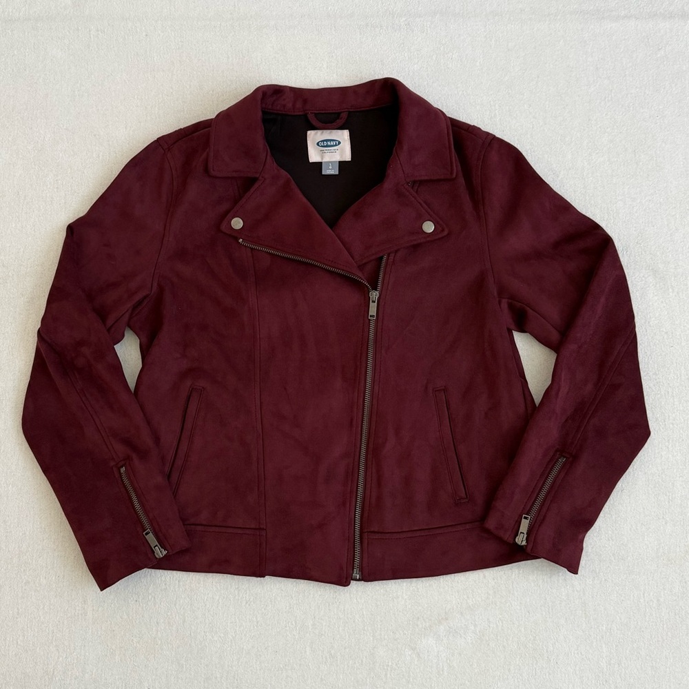 Old Navy Burgundy Faux Suede Moto Jacket Women’s Size L Biker Stretch Fall